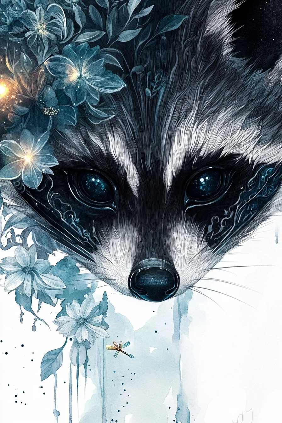 Mischievous raccoon close up with moonflowers and firefly