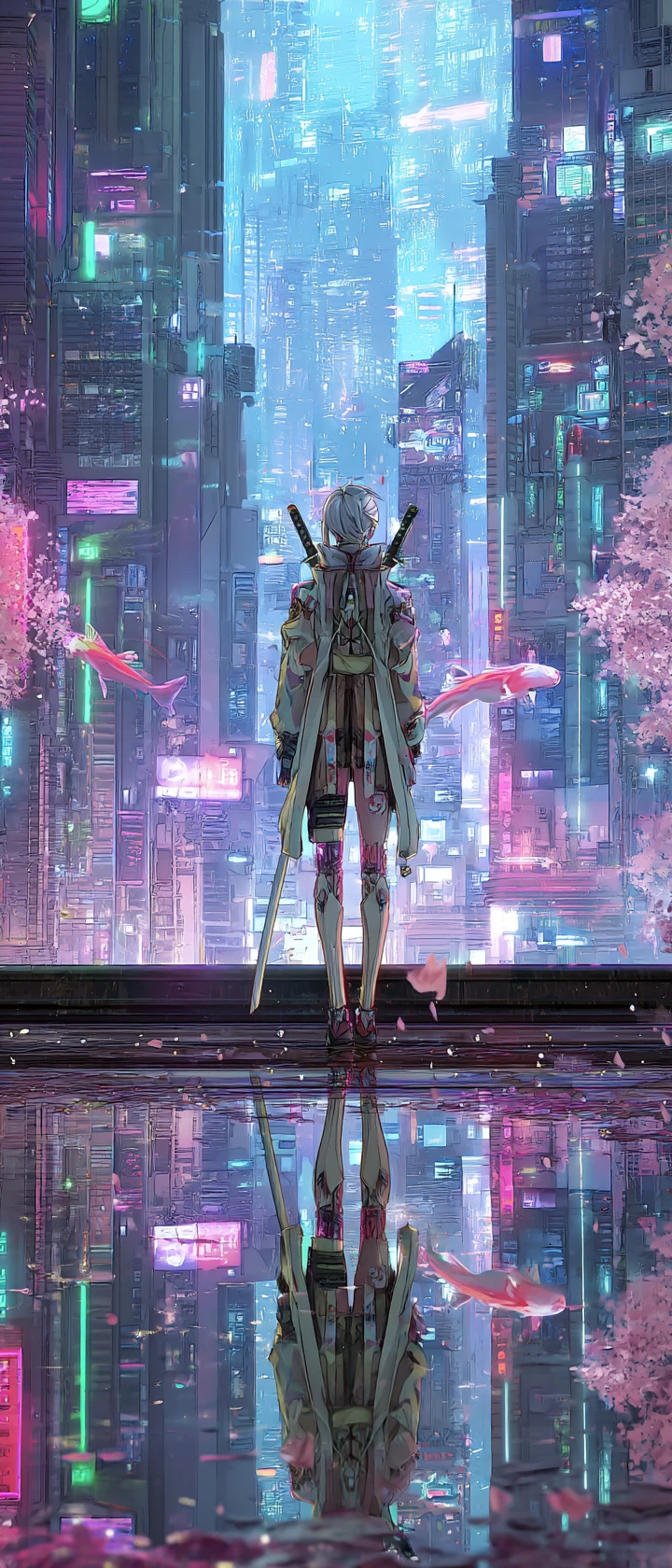 Samurai cyber in stile anime su un tetto al neon sotto la pioggia