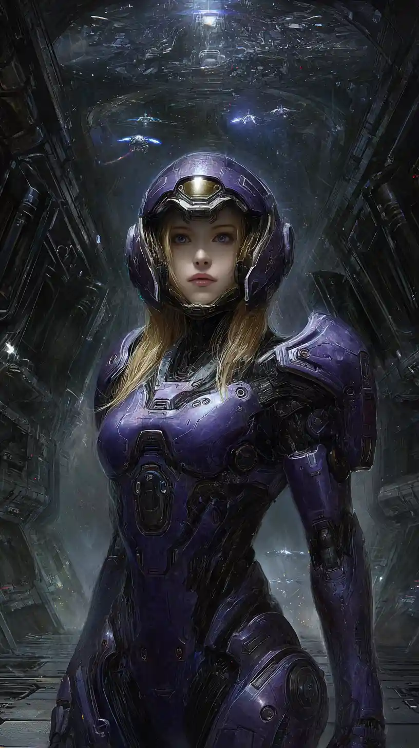 Female android warrior in purple armor in space hangar