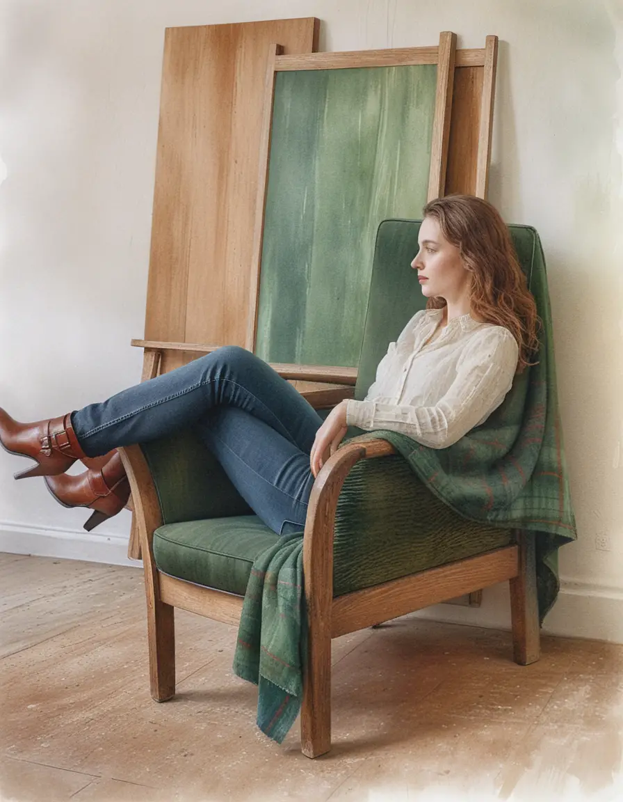 Woman lounging in a vintage armchair in artist studio