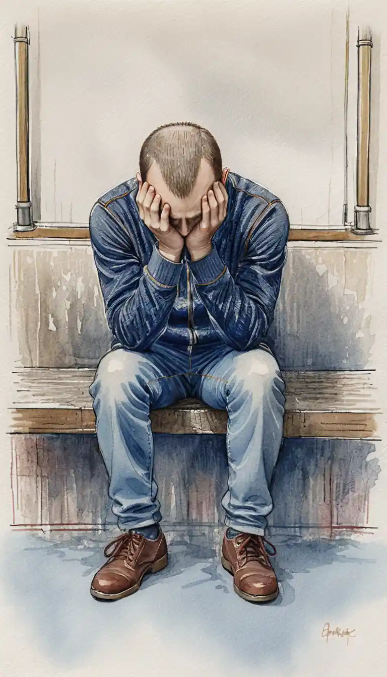 Uomo angosciato su panchina della metro in illustrazione a matita