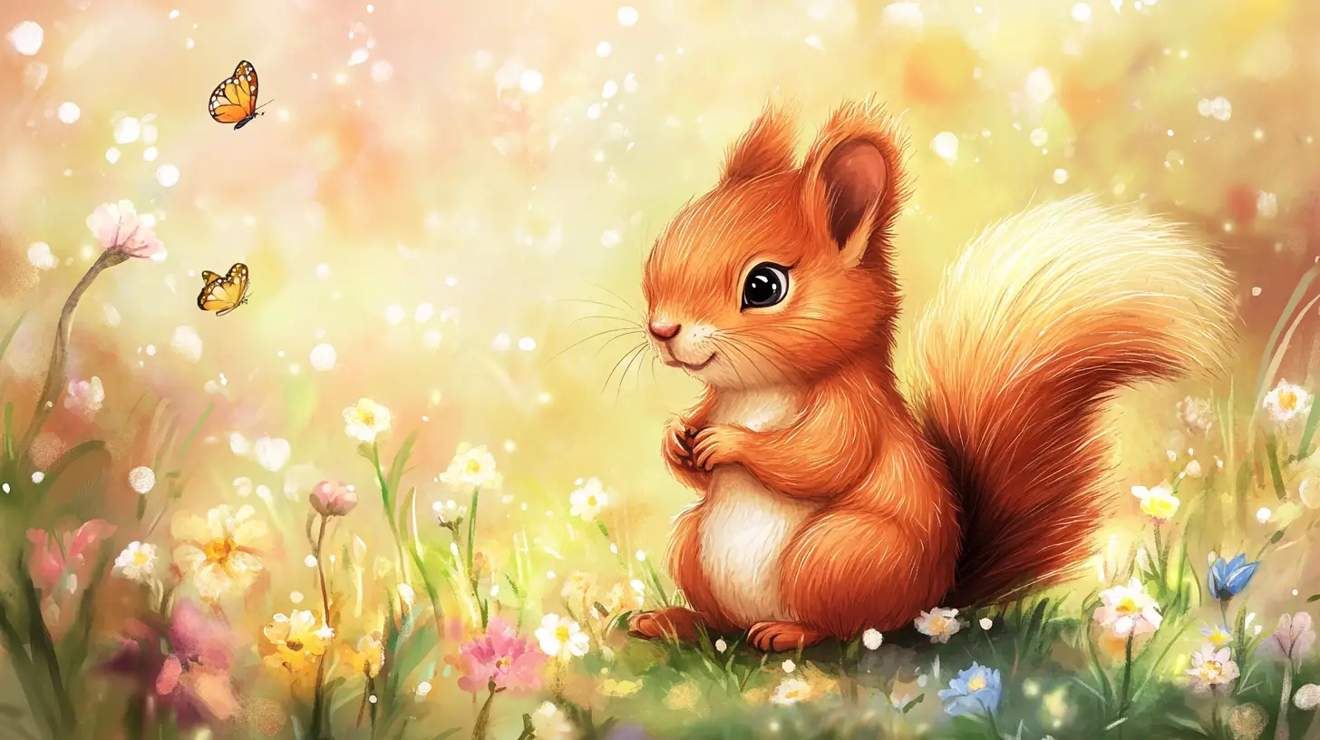 Cute baby squirrel in watercolor meadow illustration