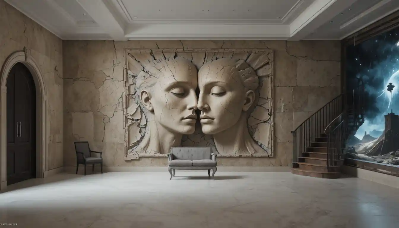 Serene stone faces in a grand modern hallway