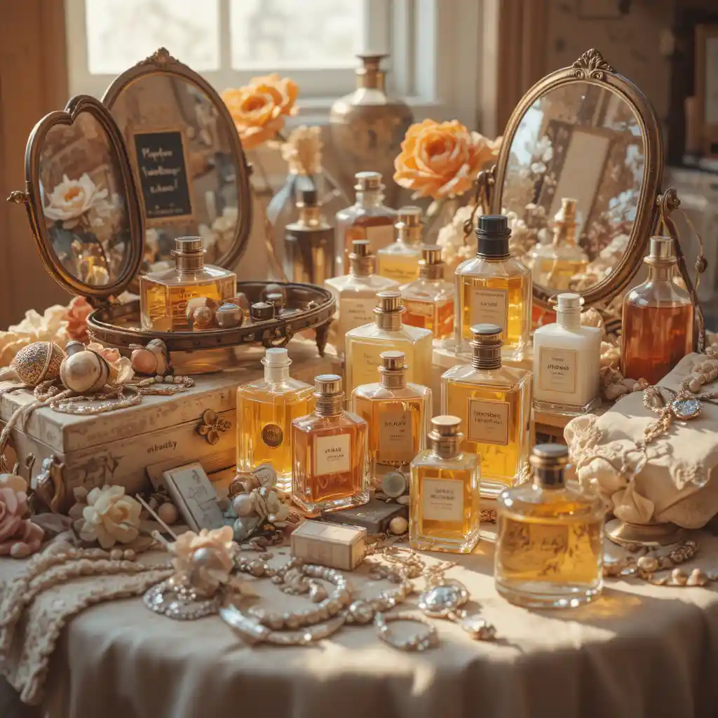 Close up of vintage perfume bottles on a vanity table
