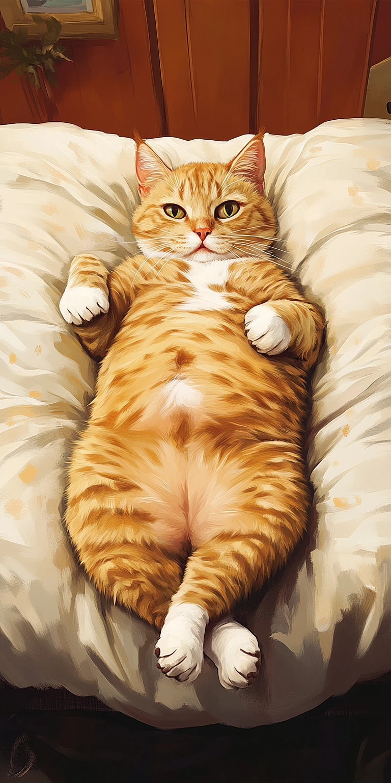 침실 헤드보드에 기대어 똑바로 누워 있는 귀여운 고양이