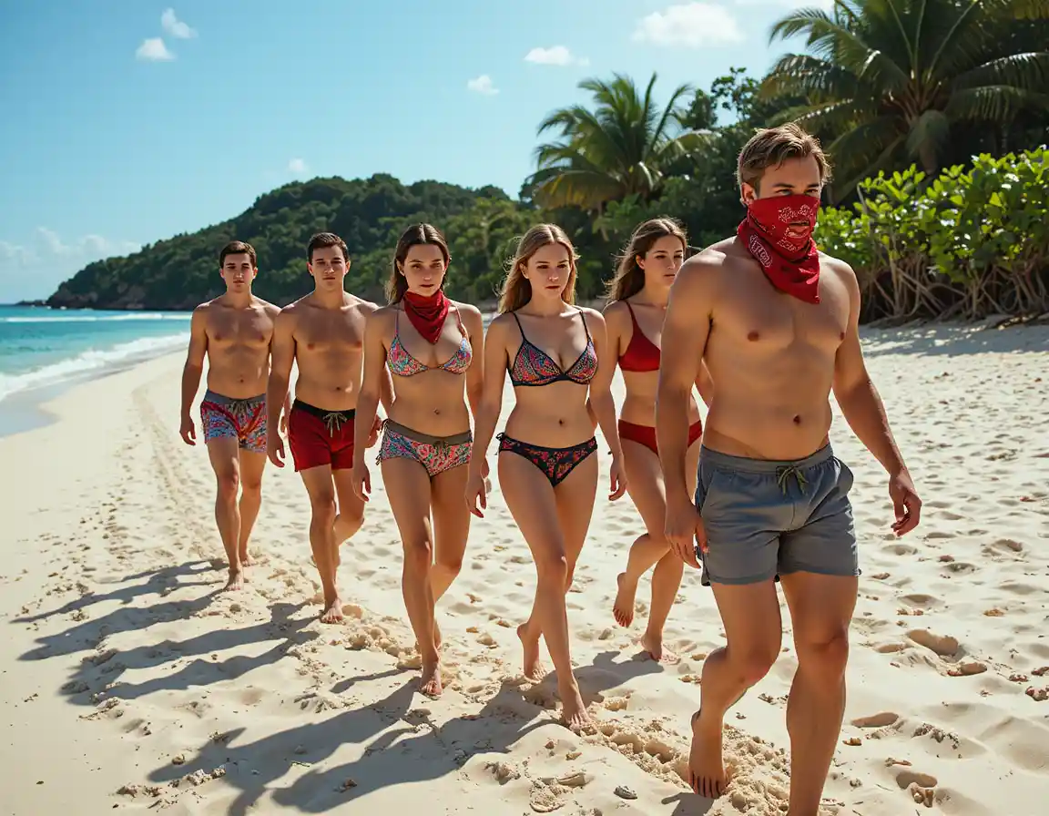 Five adults walking in line along a sunny tropical beach