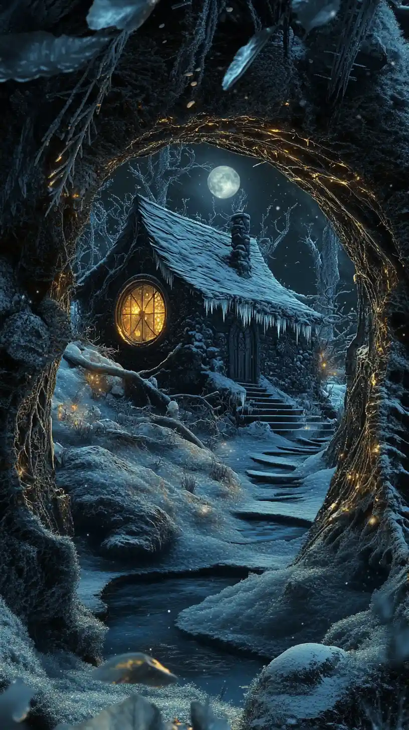 Dark fantasy winter cottage within a giant leaf silhouette