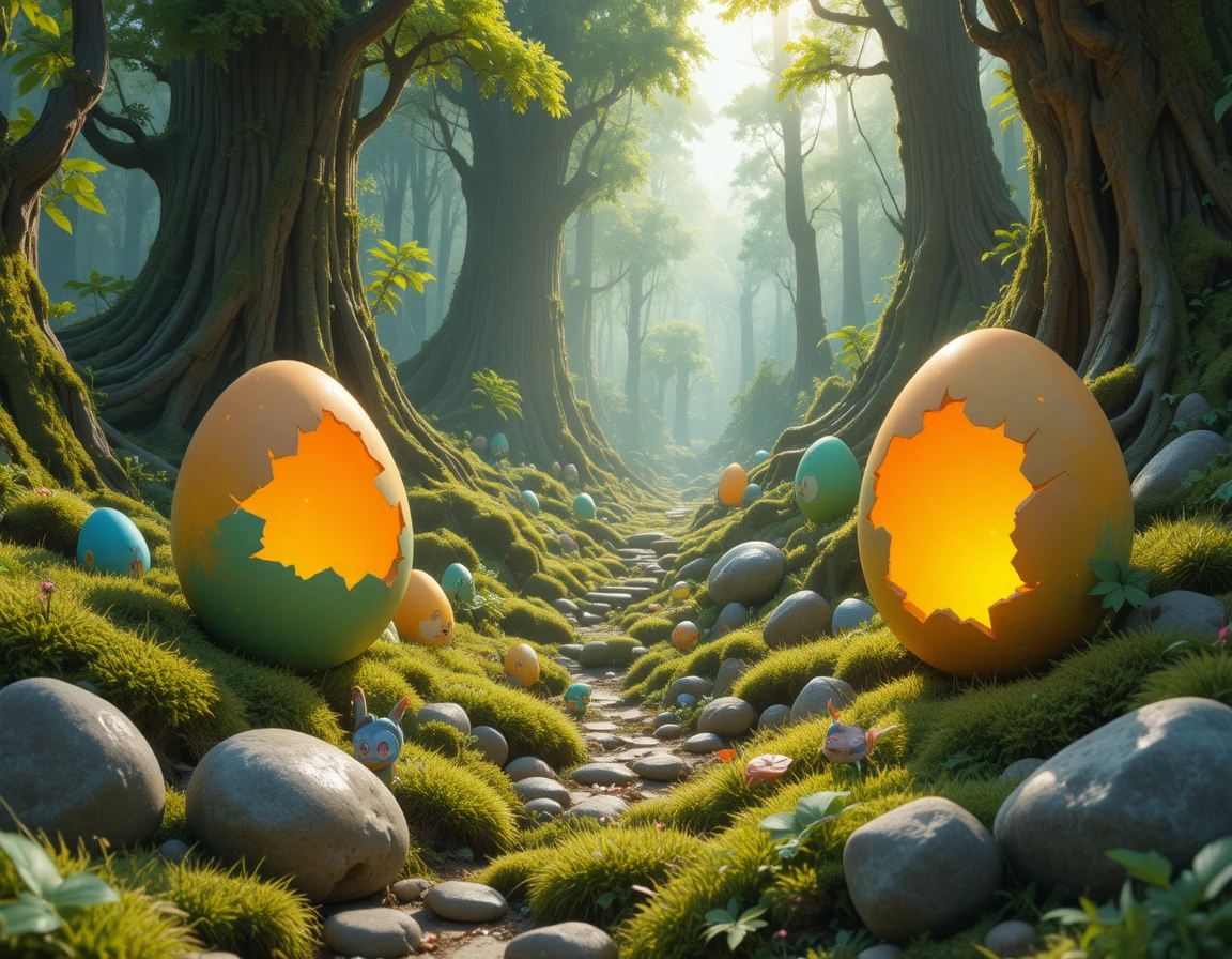 Suolo di foresta surreale con uova e creature fantasy luminose