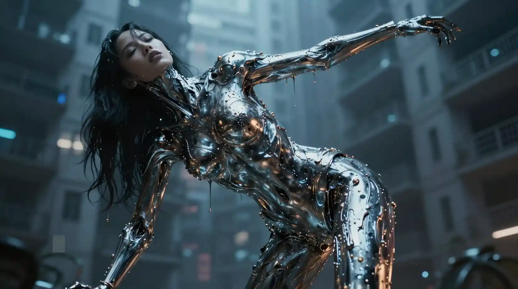 Woman transforming into flowing molten metal in apartment