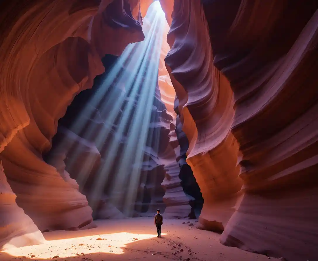 Sunlit beams cutting through the swirling walls of Antelope Canyon
