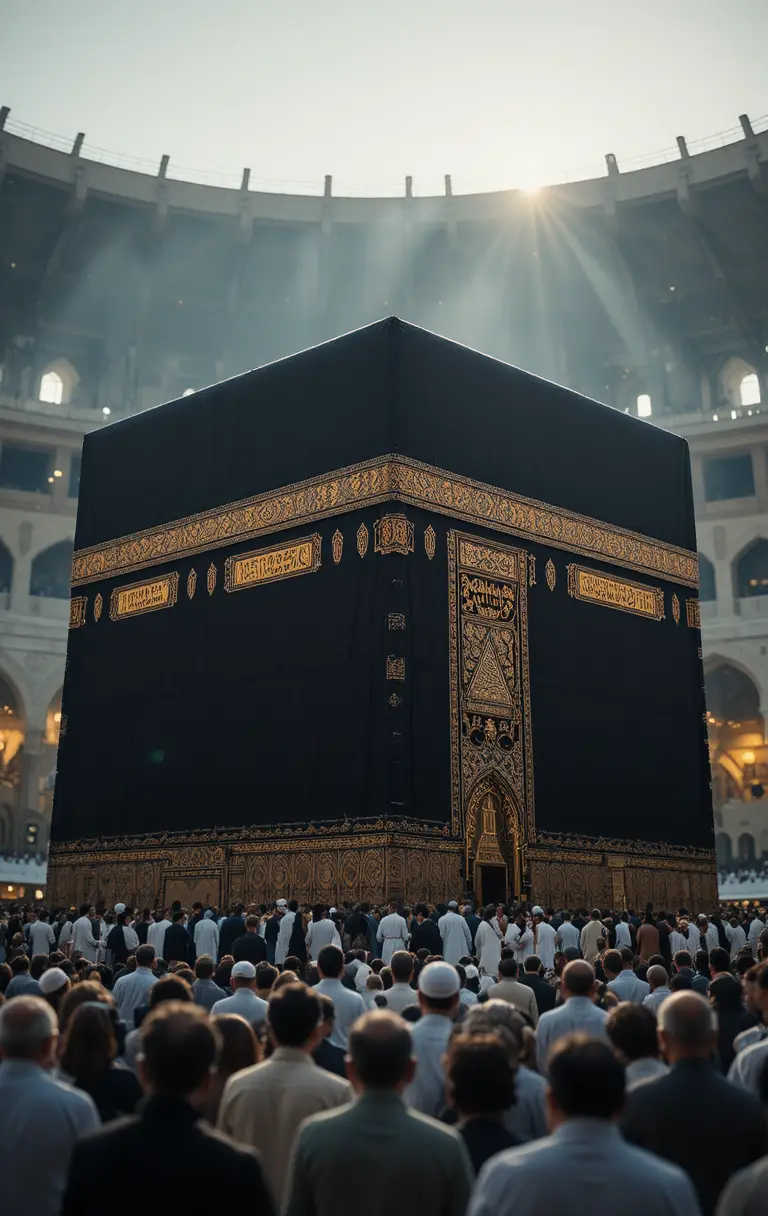 Nahaufnahme der Heiligen Kaaba mit betenden Pilgern