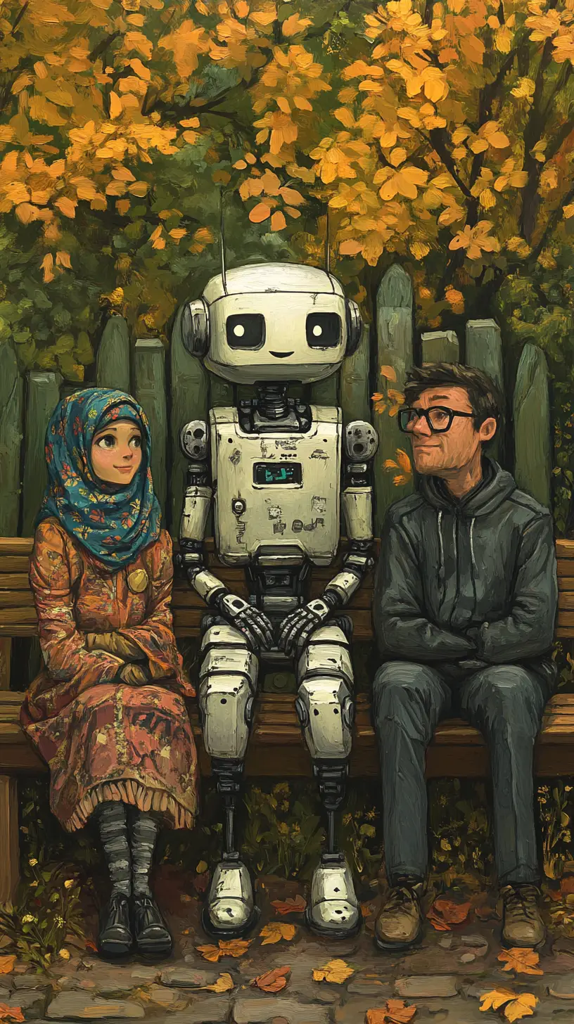 Friendly android robot on a bench with two people