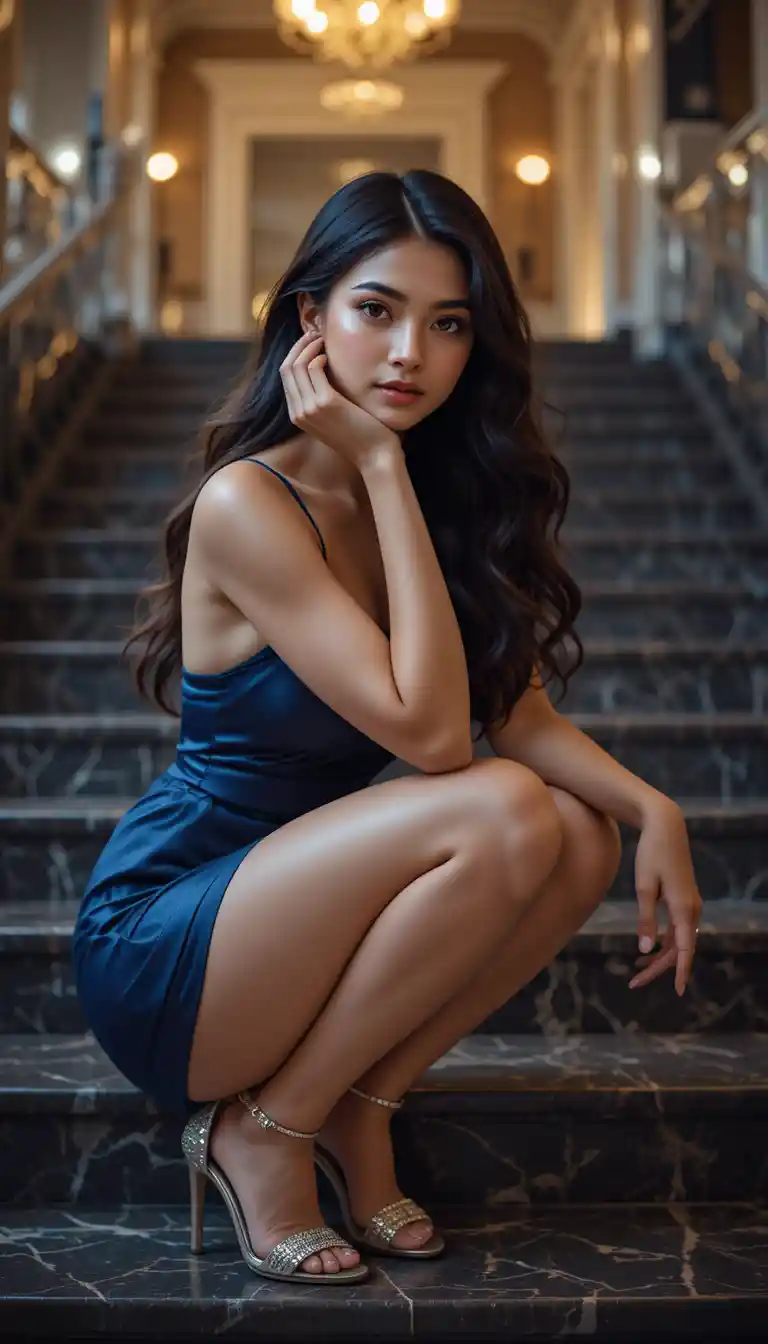 Elegant Indian woman on marble stairs in navy mini dress