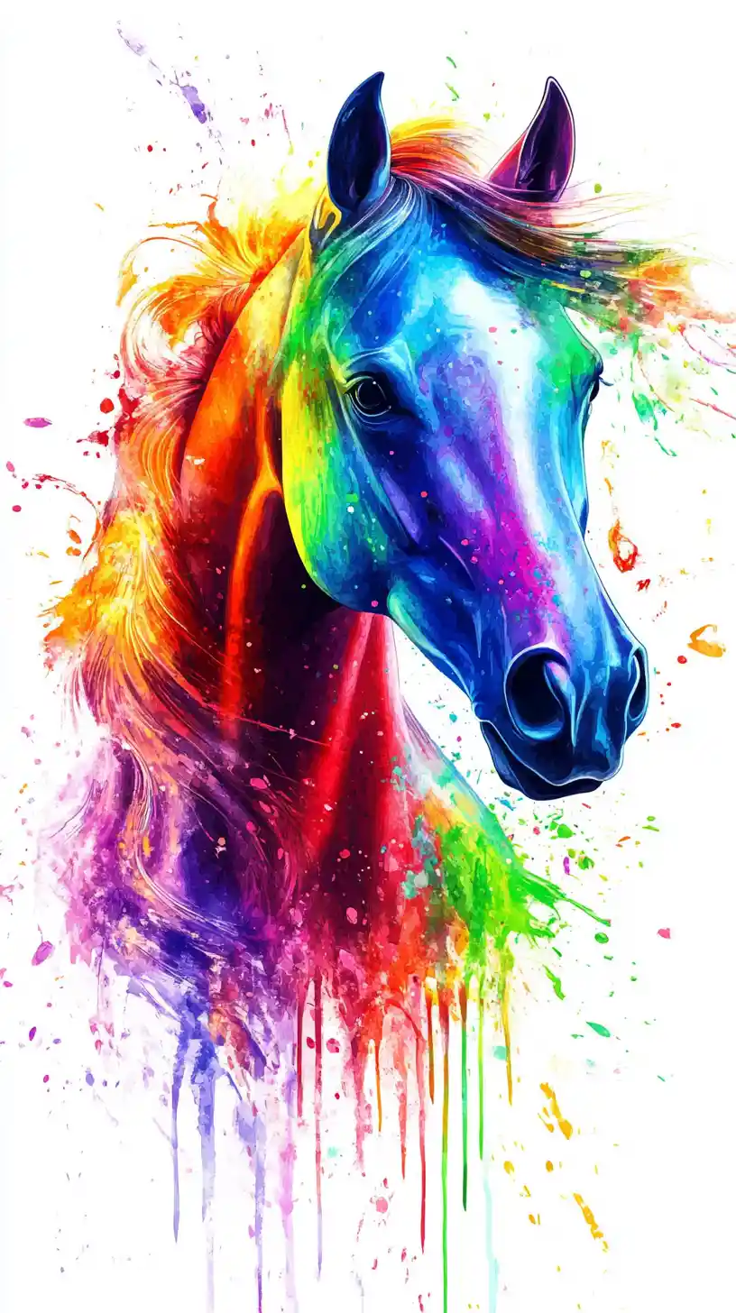 Surreal horse with flowing mane and rainbow paint splash