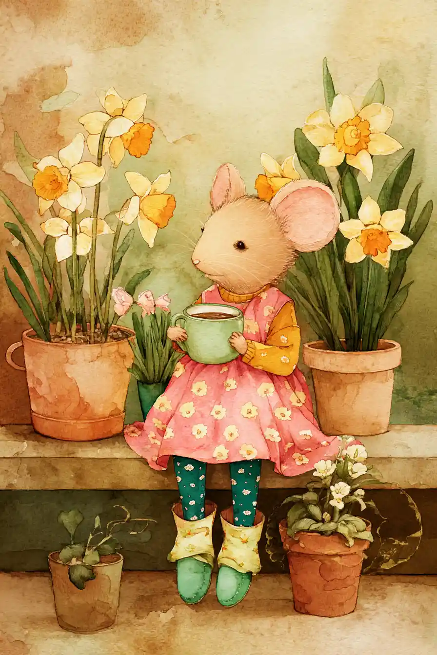 Maus genießt Kaffee zwischen Blumen im Garten