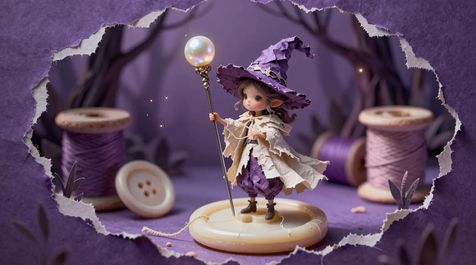 Tiny paper witch with pearl staff in miniature world