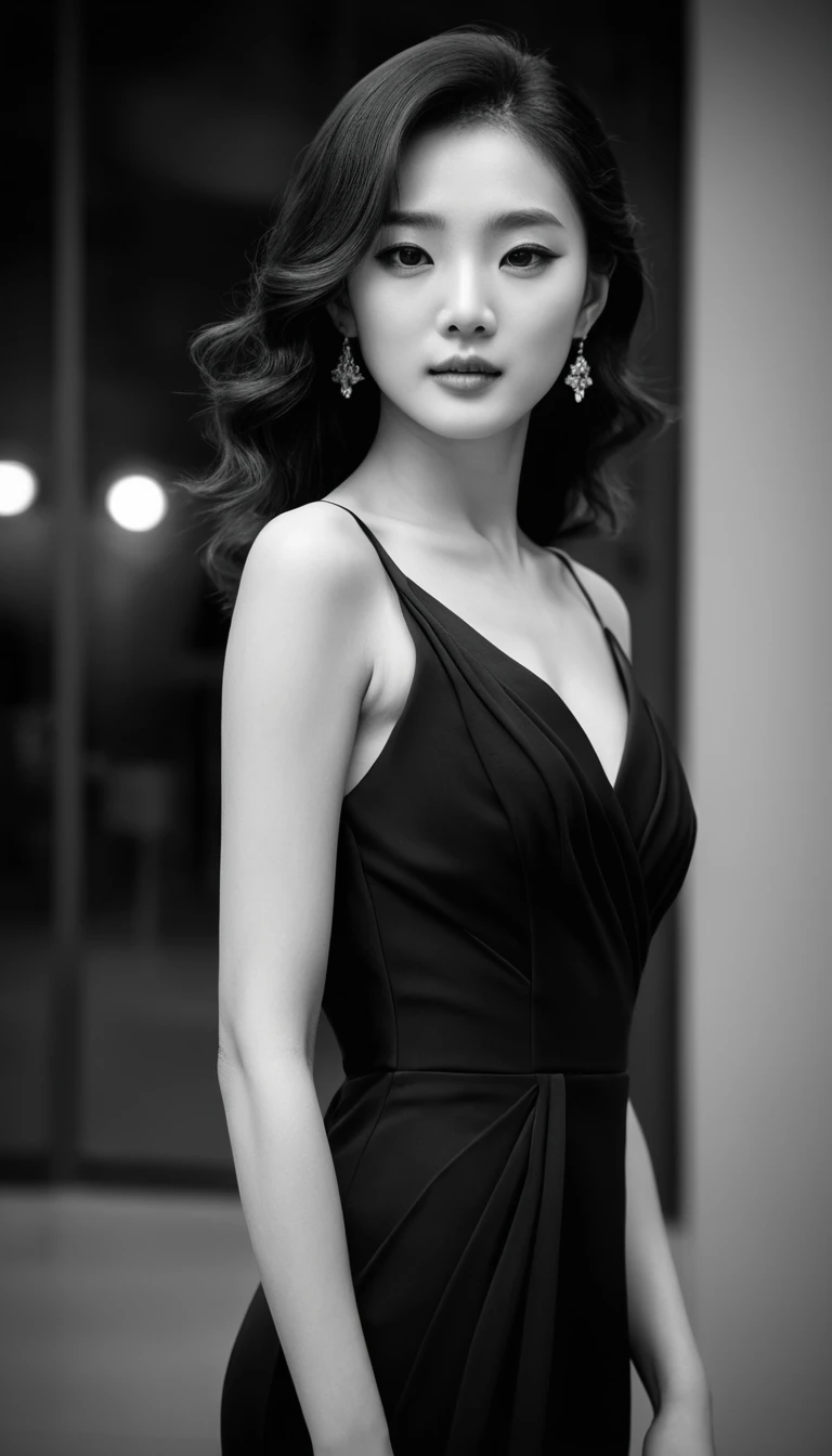 Mujer coreana elegante con vestido de noche negro en enfoque suave