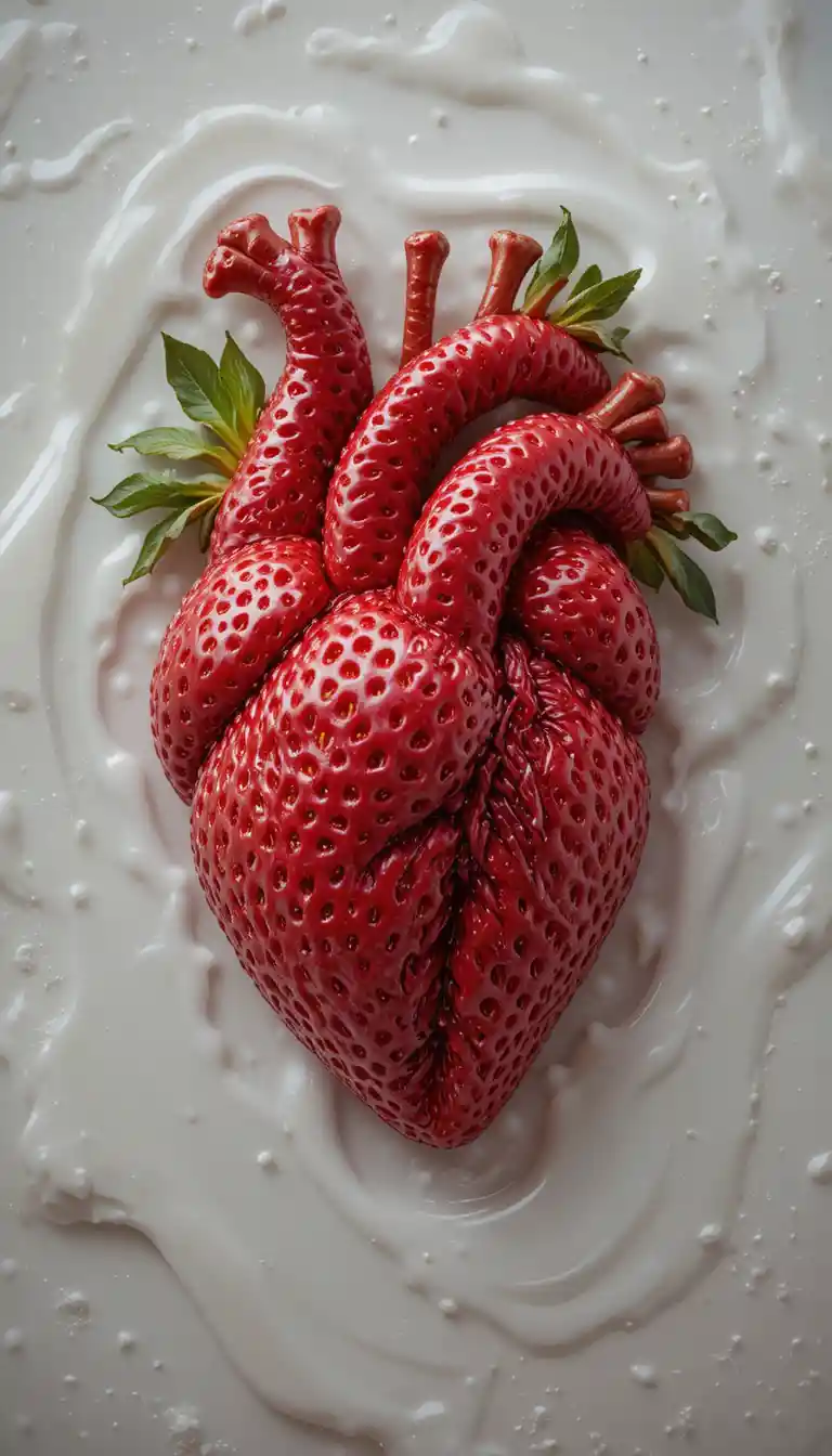 Strawberry Heart Sculpture On White Glossy 3D Background