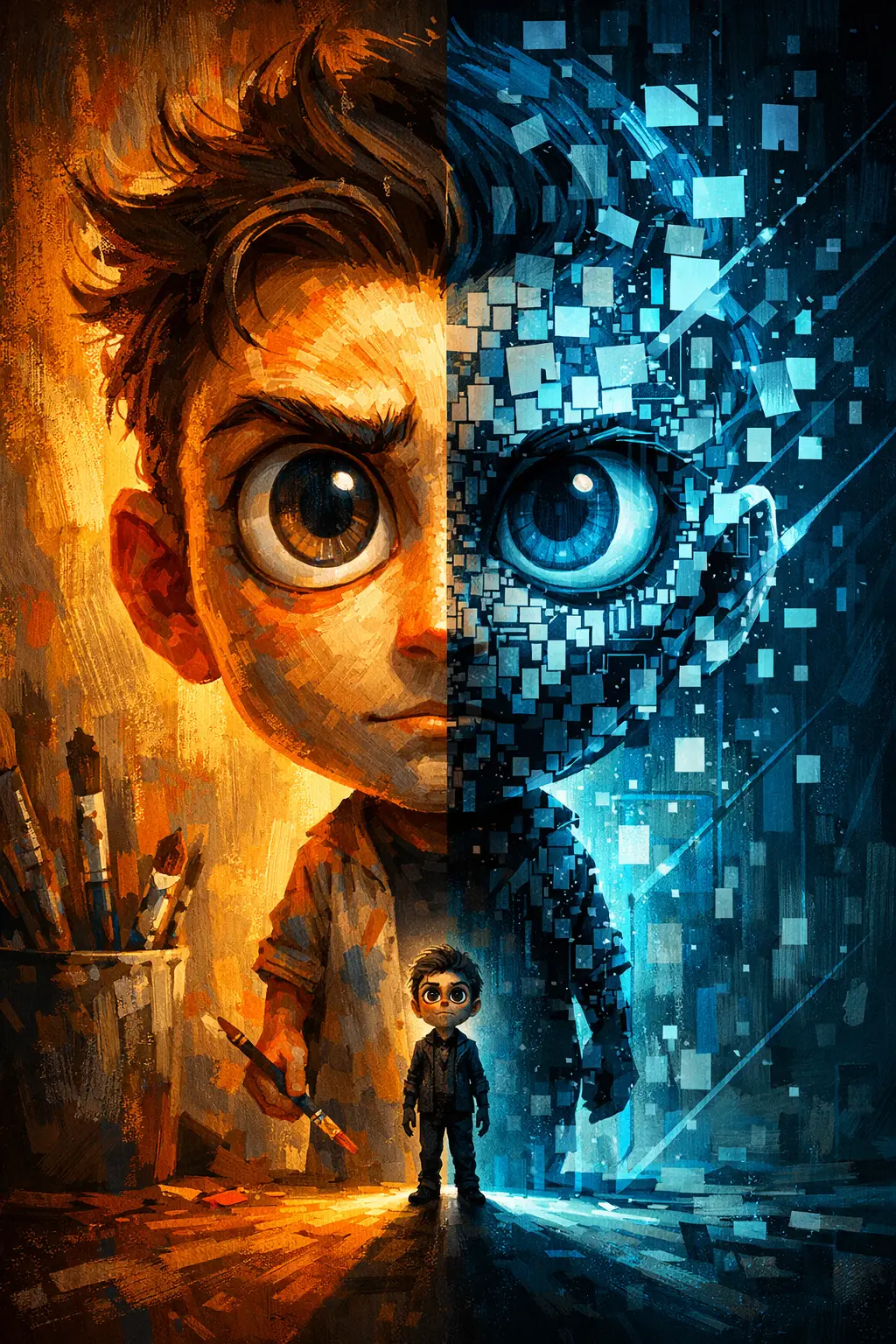 Retrato surreal de un artista de IA en transformación dividida