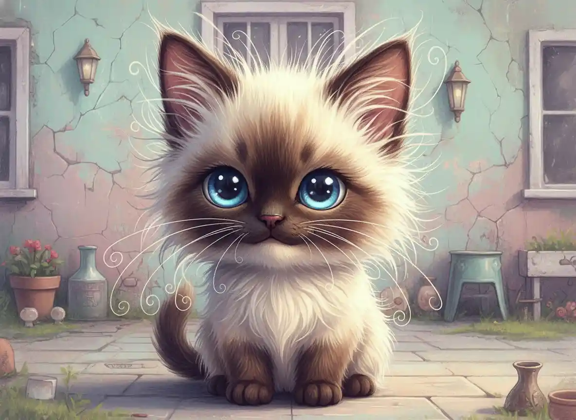 Chibi siamese kitten with spiky fur in a pastel courtyard
