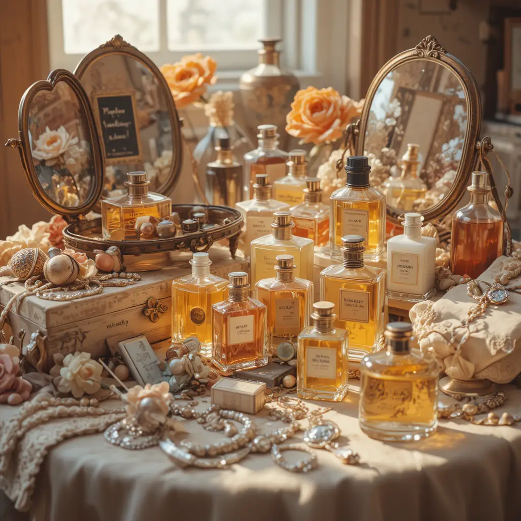 Close up of vintage perfume bottles on a vanity table