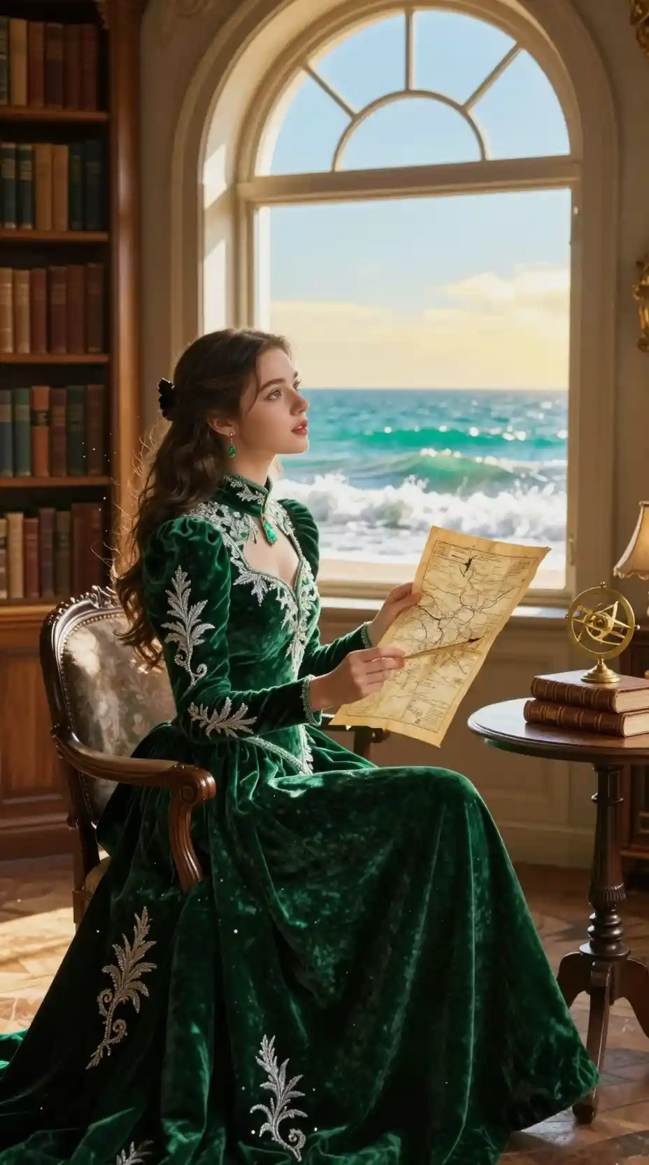 Young woman with map in a grand oceanfront library
