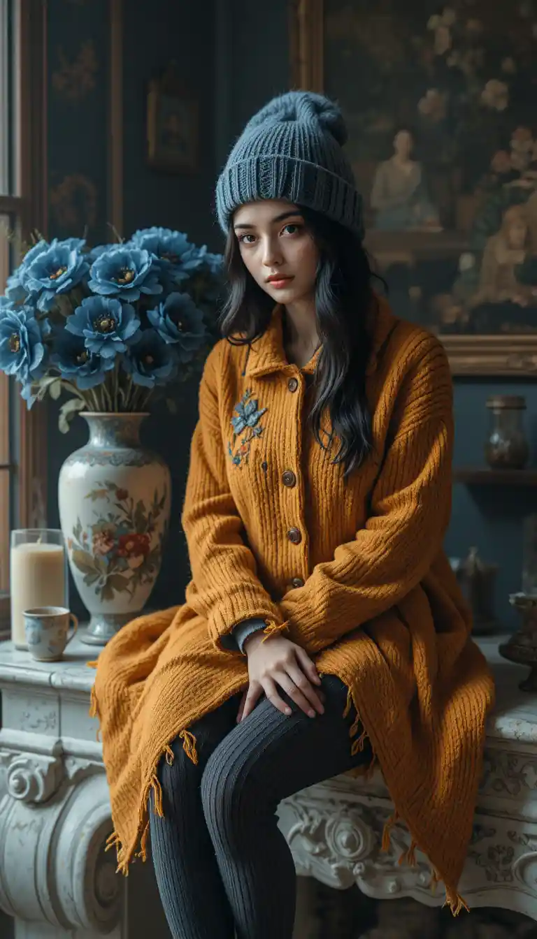 Young woman on marble mantel in cozy cinematic portrait