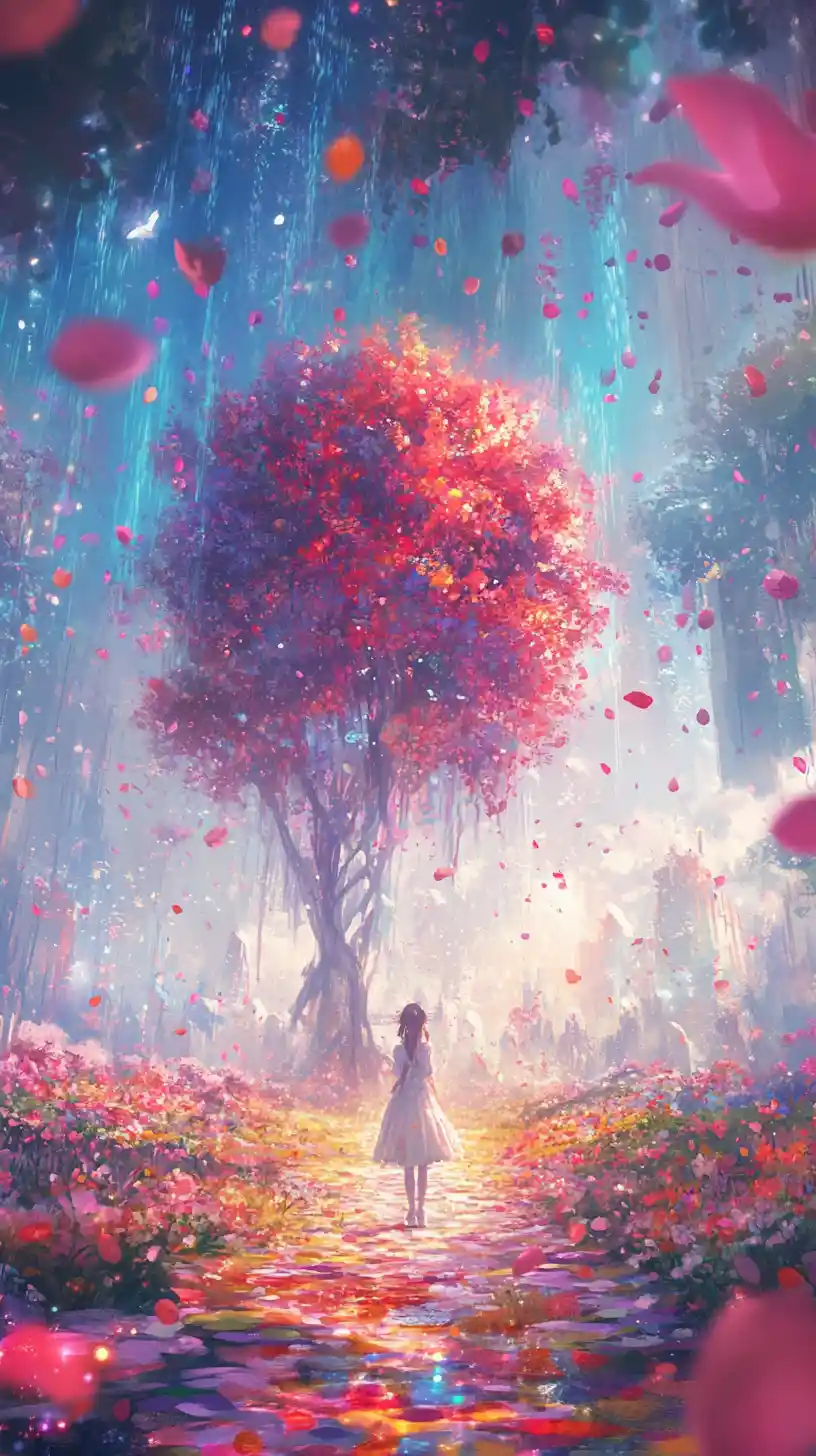 Enchanting apple tree in a colorful misty forest