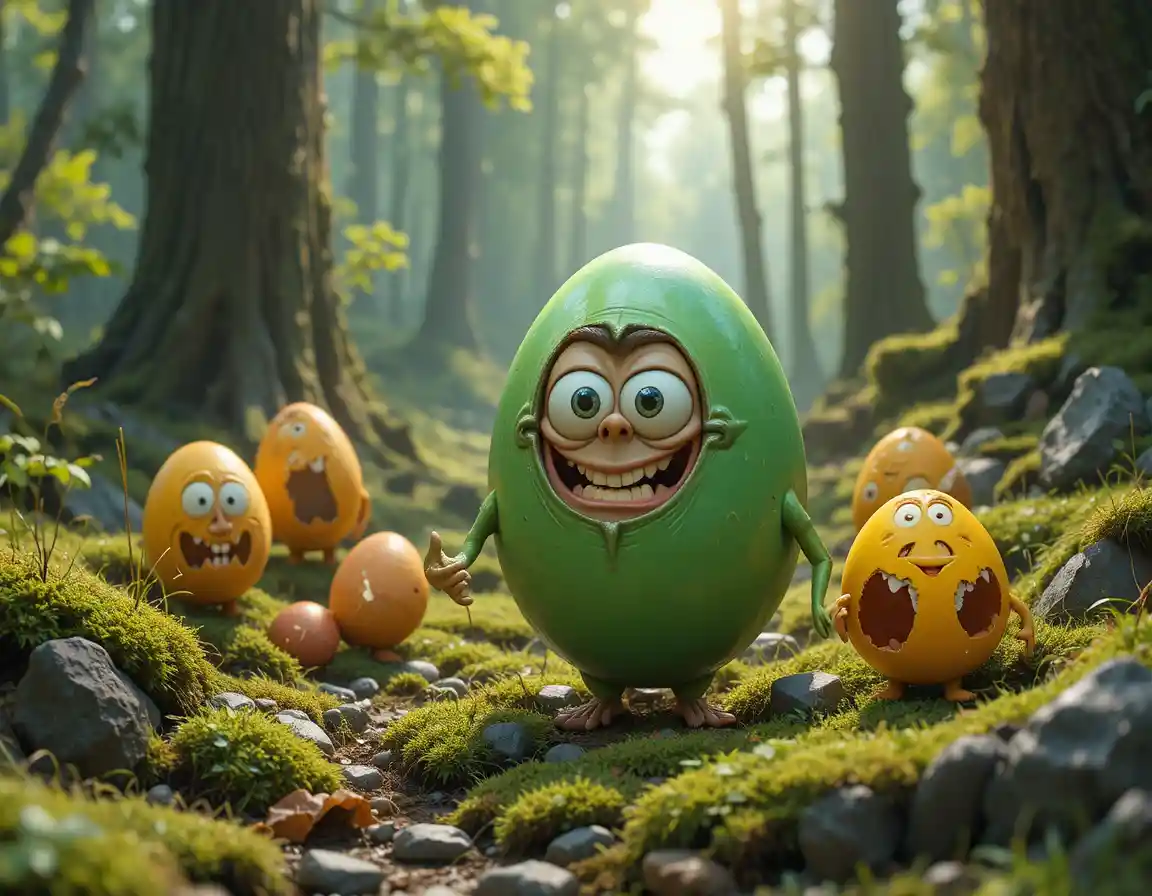 Giant colorful eggs scattered across a sunny forest floor