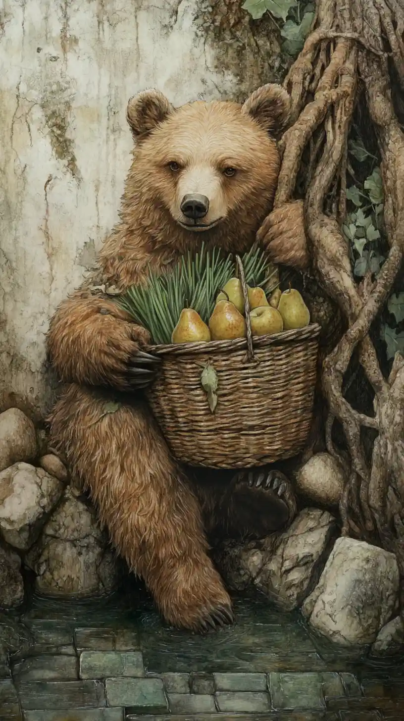 Whimsical Bear With Basket By Enchanted Tree Root Pool