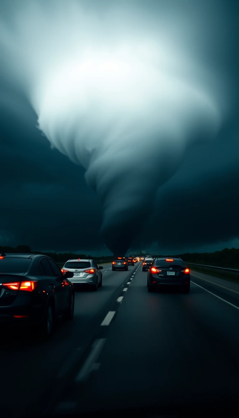 Dunkler Tornado kreuzt nahe an Autos auf der Interstate