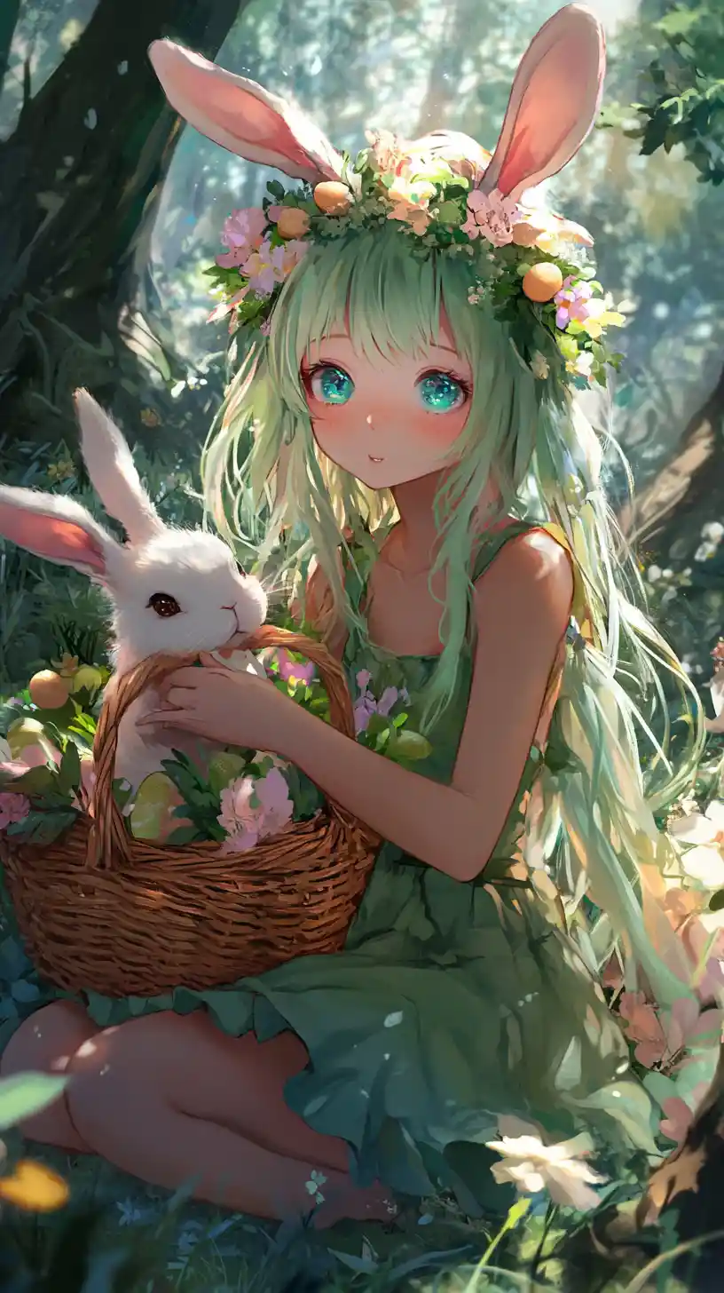 Anime girl with bunny in a dreamy forest scene