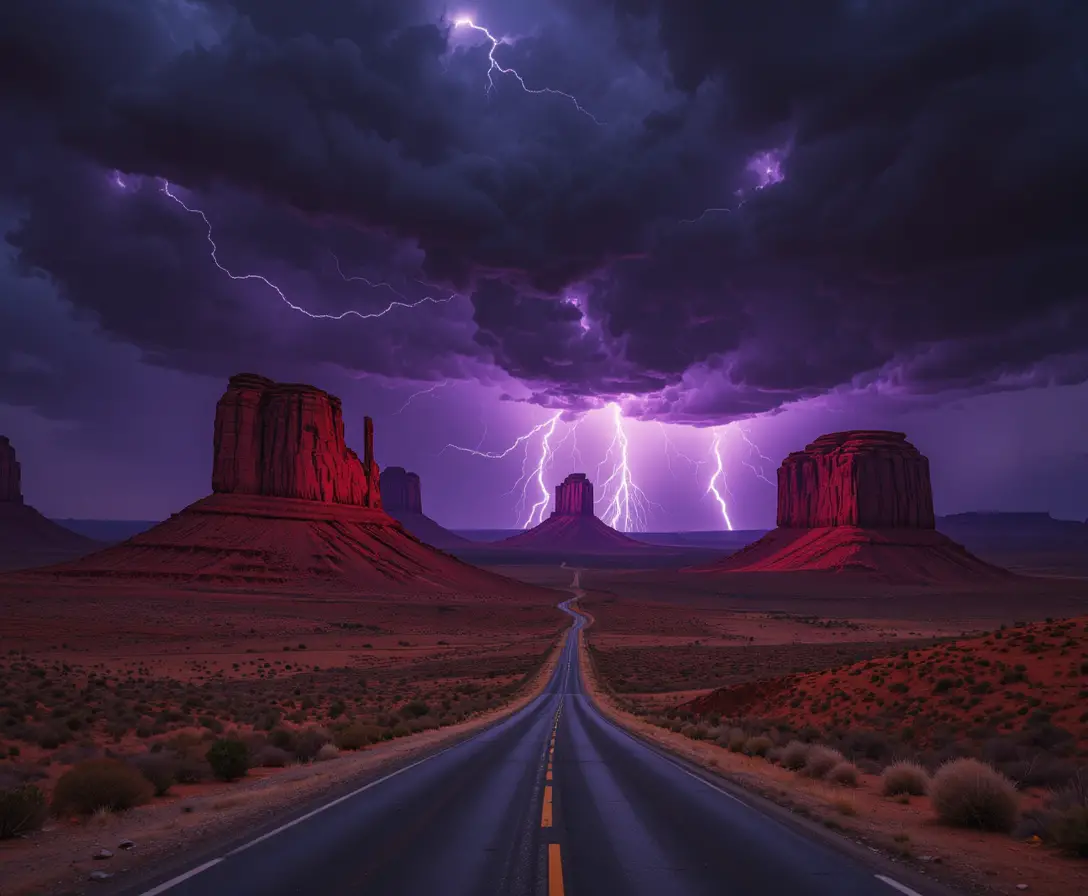 Lightning storm over Monument Valley desert road at night