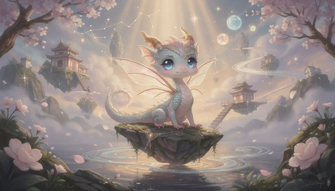 Tiny whimsical dragon in a dreamlike fantasy scene