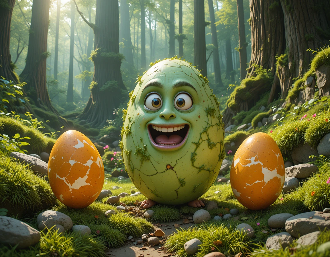 Uova di fantasia colorate sparse su un rigoglioso tappeto di foresta
