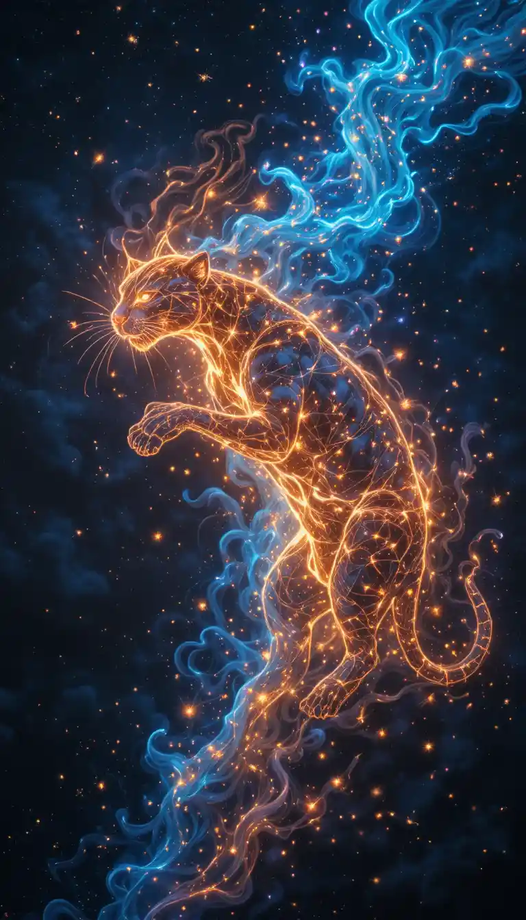 Neon Panther Line Painting On Dark Abstract Background