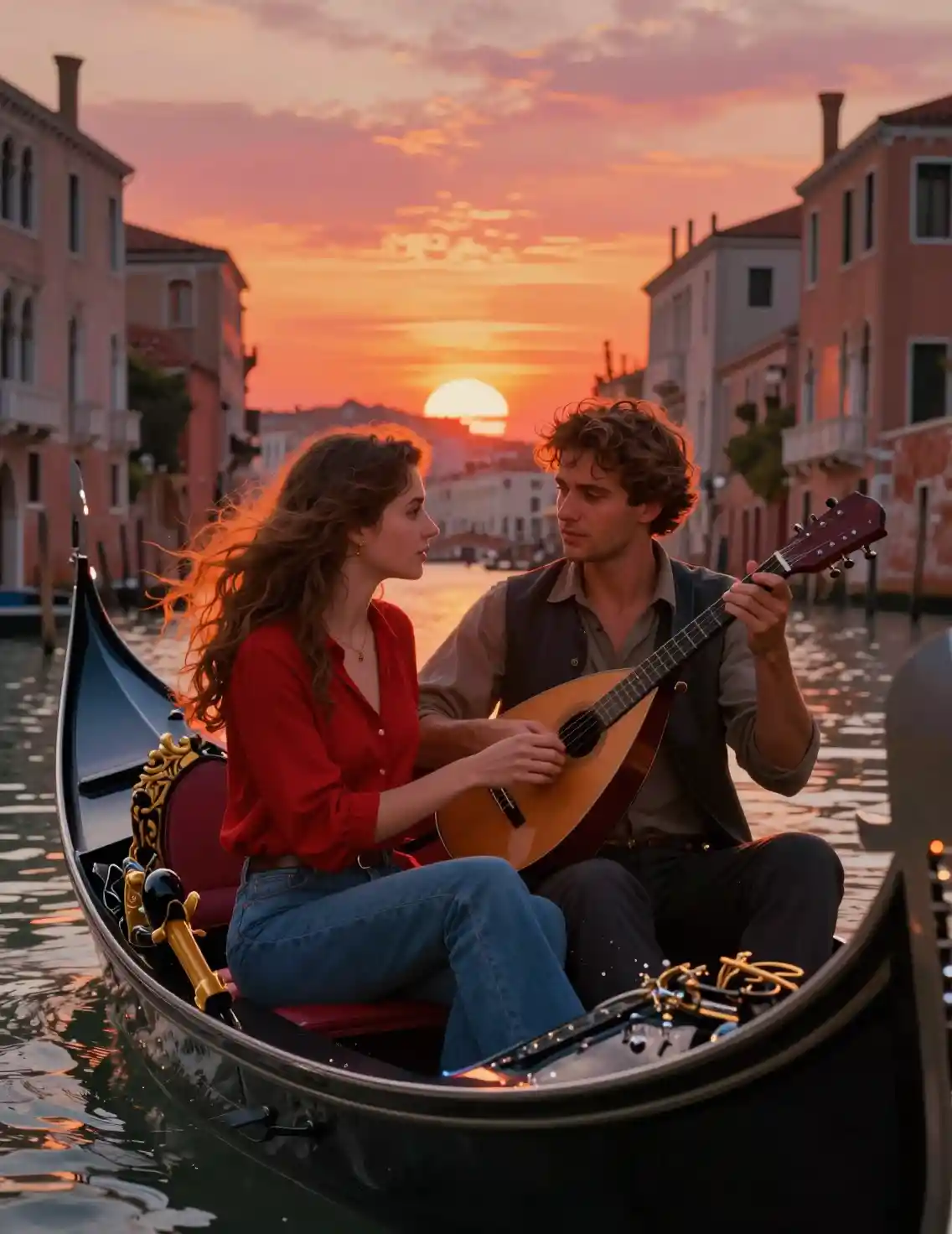 Romantico giro in gondola al tramonto in una colorata città di canali