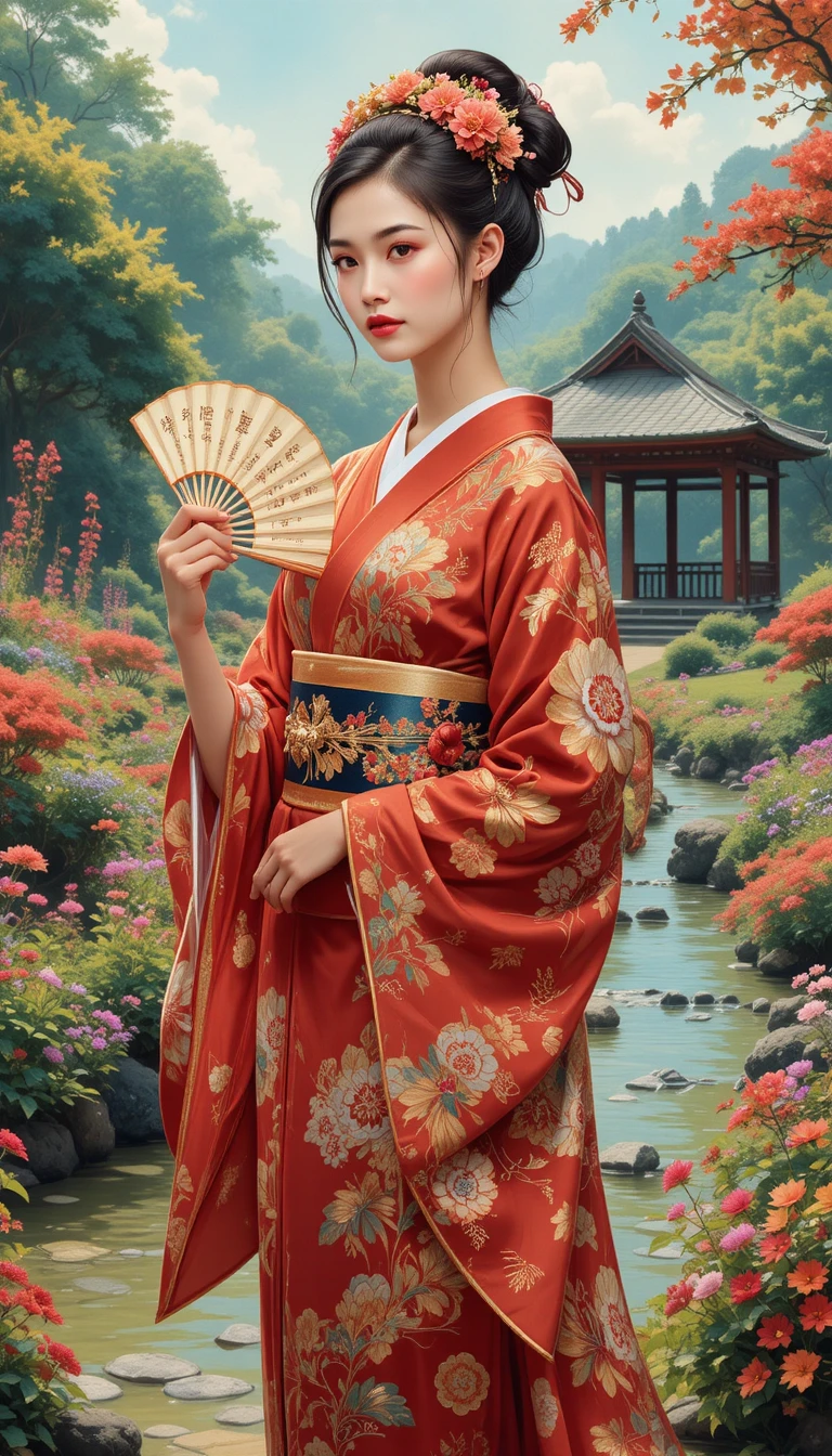 身穿紅色和服的年輕女子站在靜謐庭園中