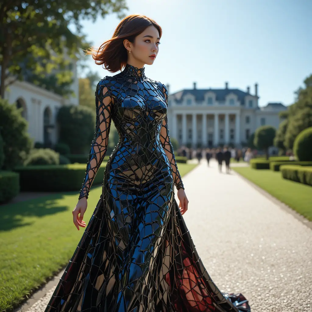 Korean woman in obsidian scale gown walking across garden lawn