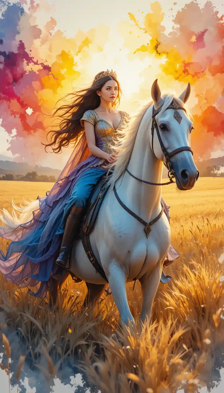 Junge Prinzessin reitet auf einem weißen Pferd durch goldenes Weizenfeld