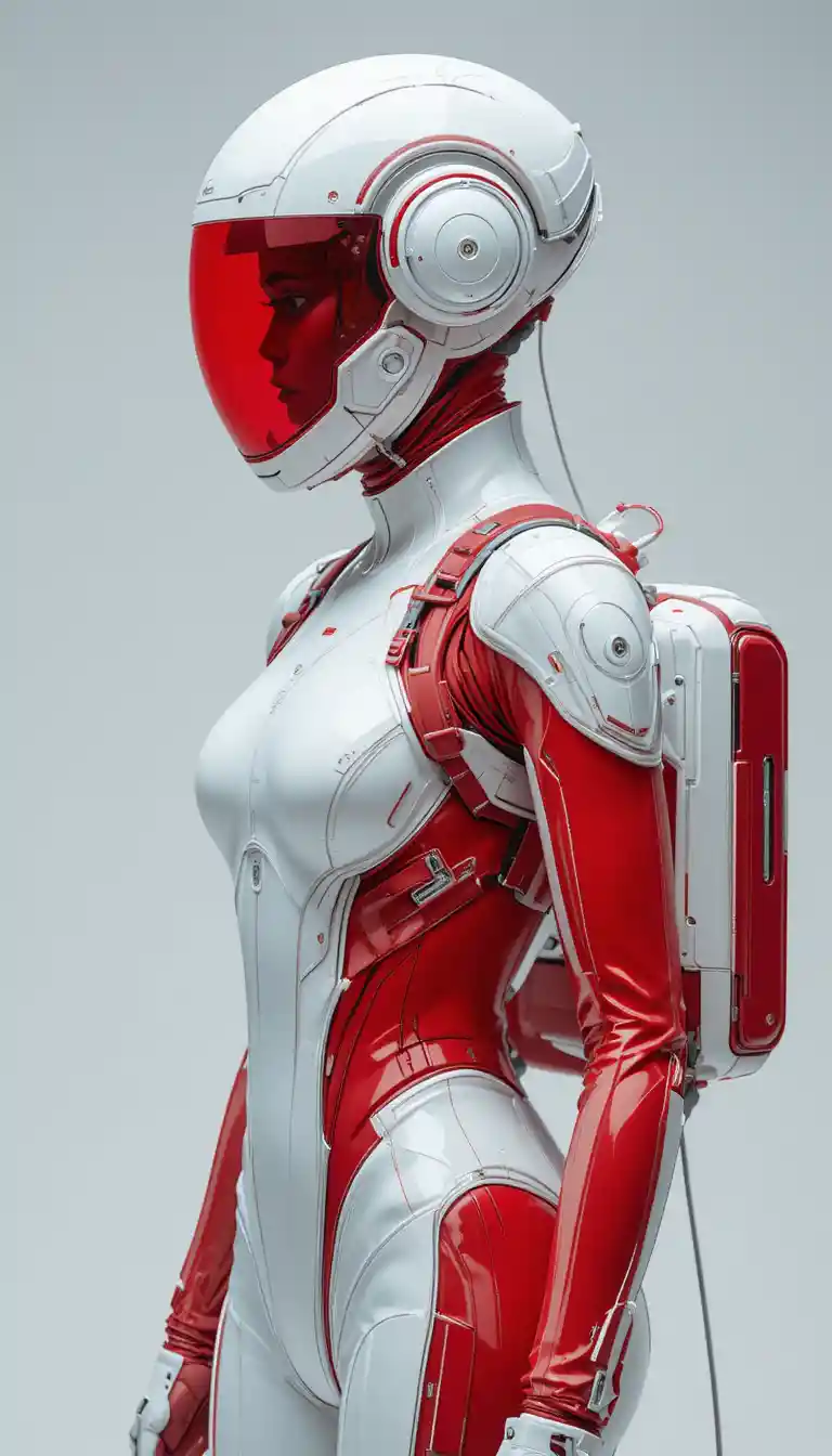 Tuta bio futuristica femminile in studio pulito, vista frontale e posteriore
