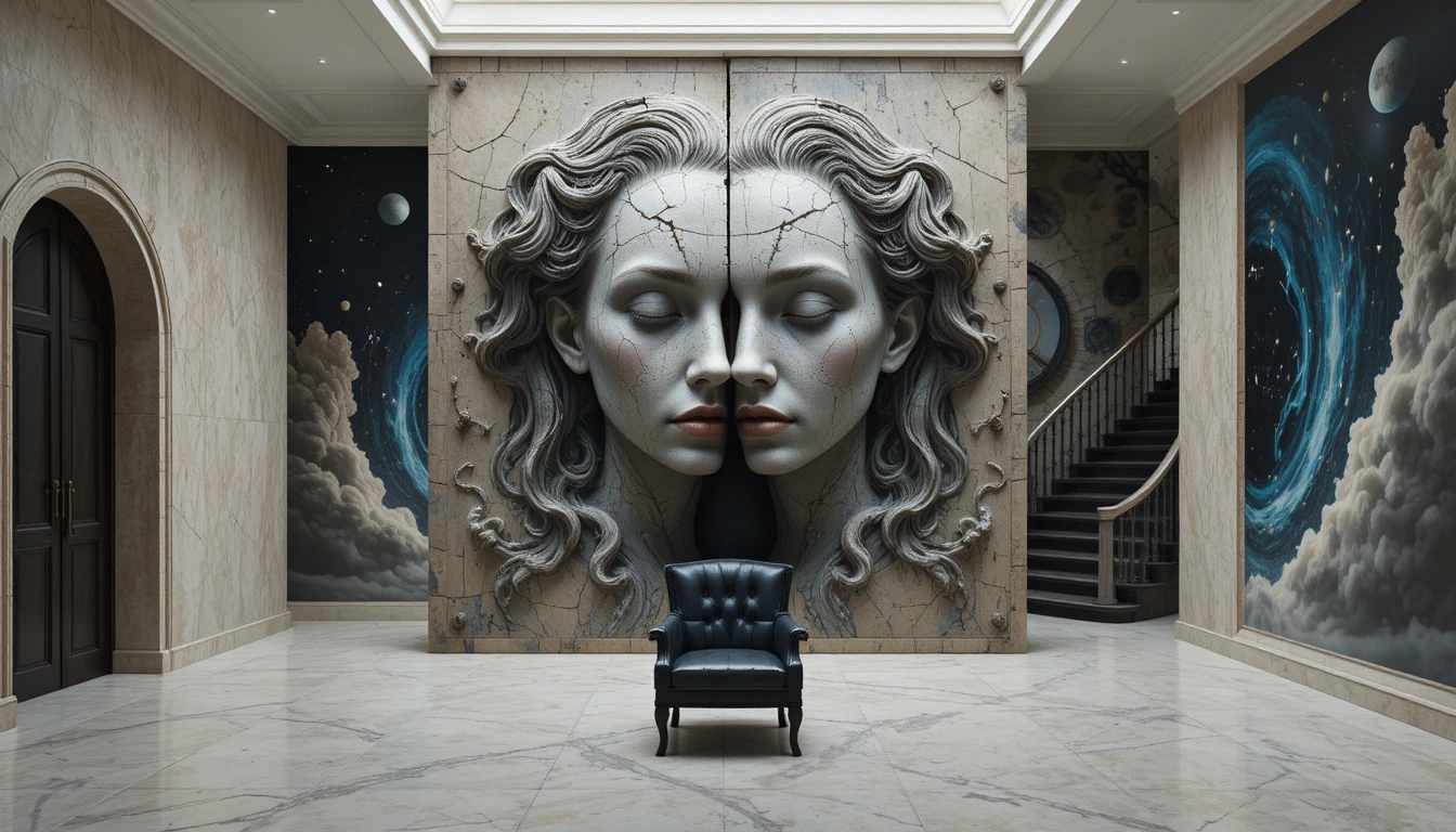 Modern hallway with sculpted stone faces and spiral stair