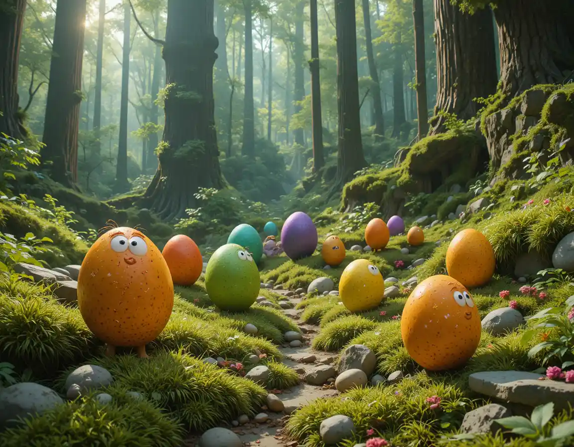Colorful fantasy eggs resting on a sunlit forest floor