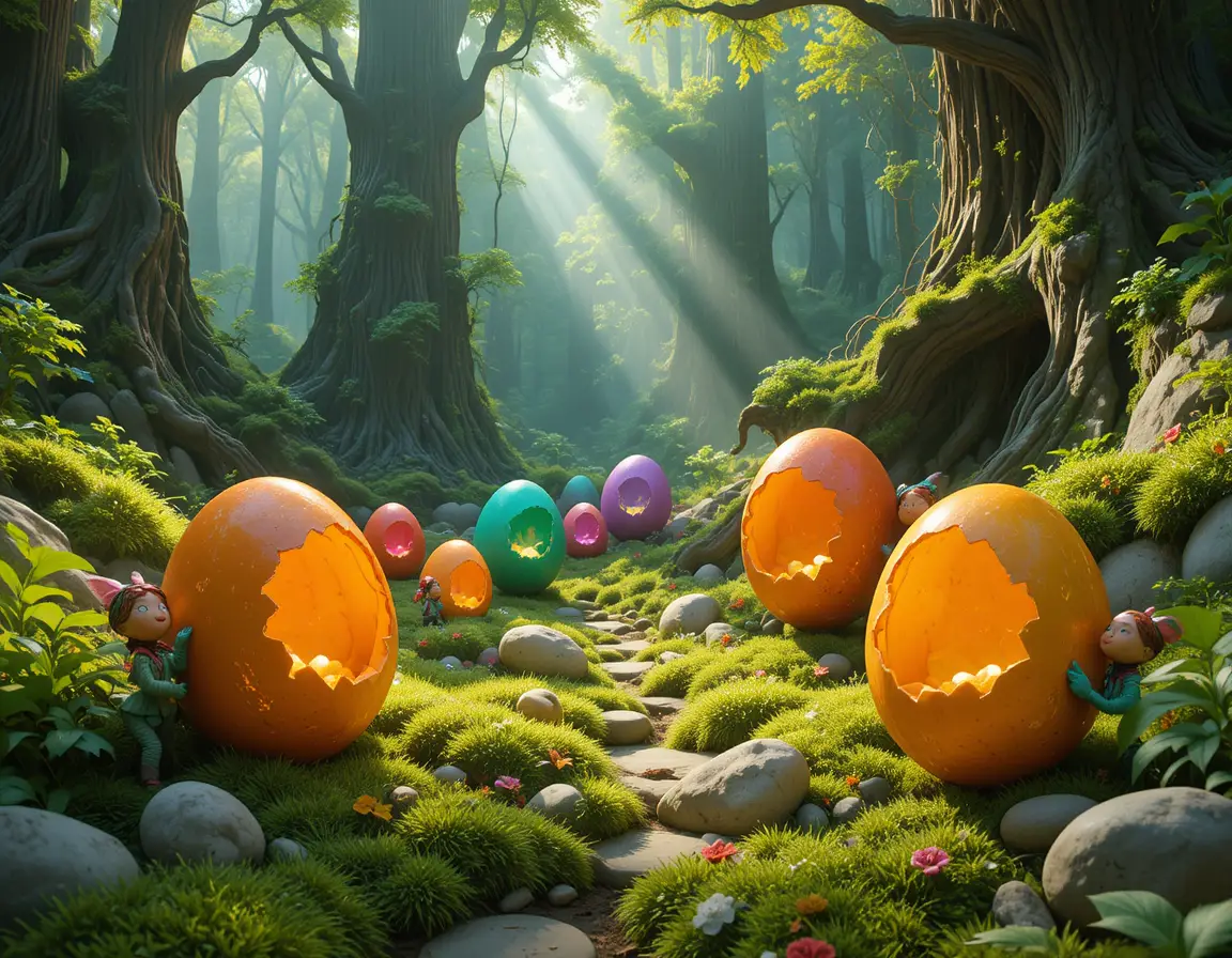 Huevos de fantasía coloridos esparcidos por un suelo de bosque bañado por el sol