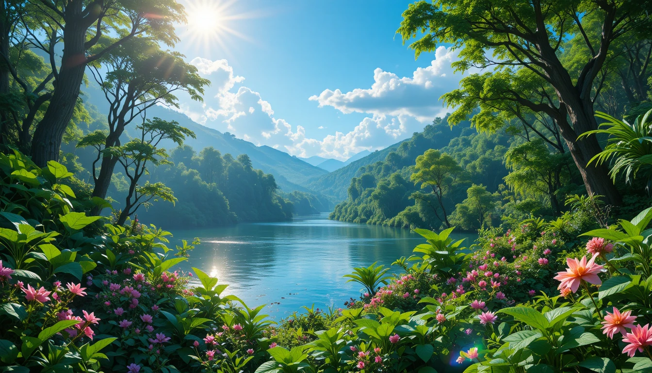 Bosque verde exuberante y río tranquilo bajo un cielo azul despejado