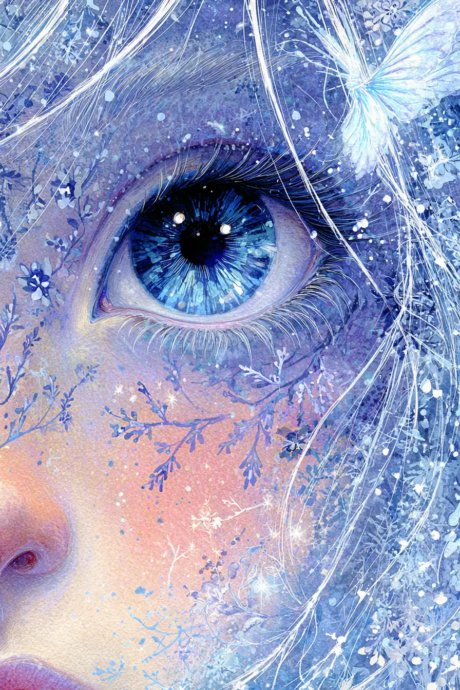 Ethereal winter girl portrait with luminous ice blue eyes
