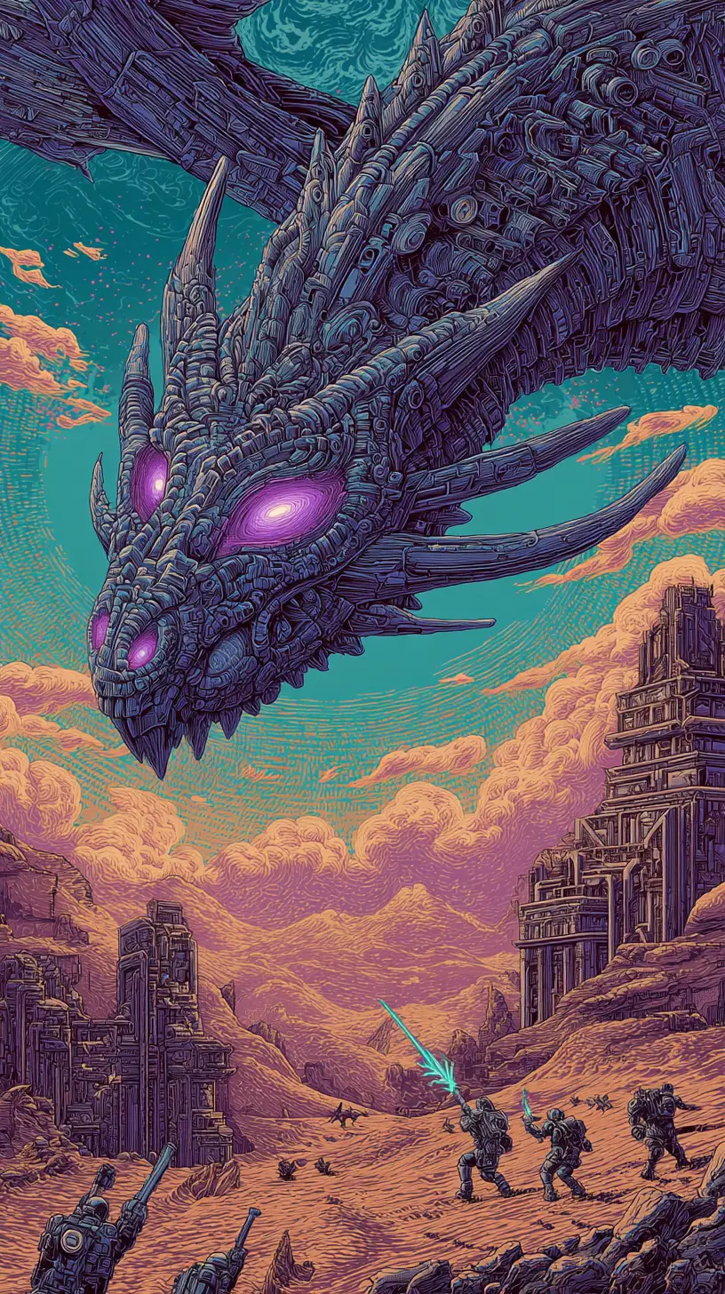 Biomechanical dragon over twin sun desert pilgrimage