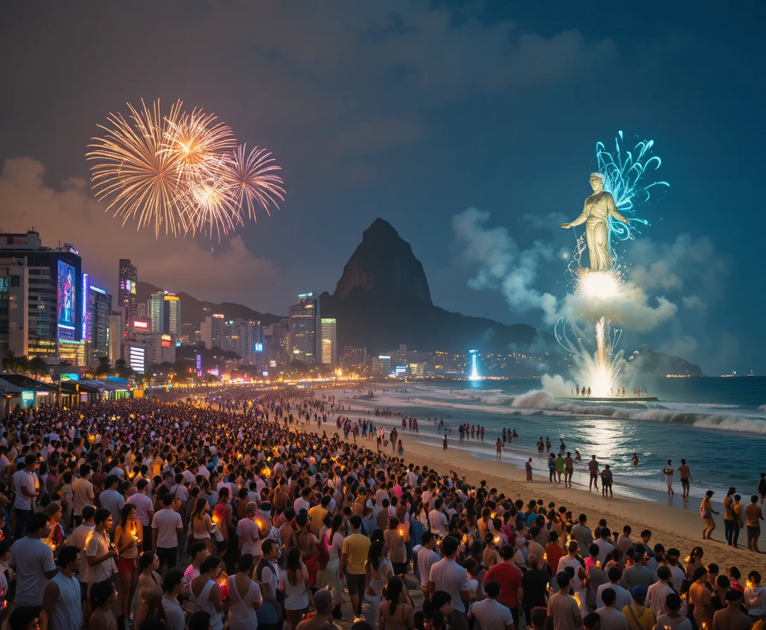 Fuochi d'artificio di Capodanno sulla affollata spiaggia di Copacabana