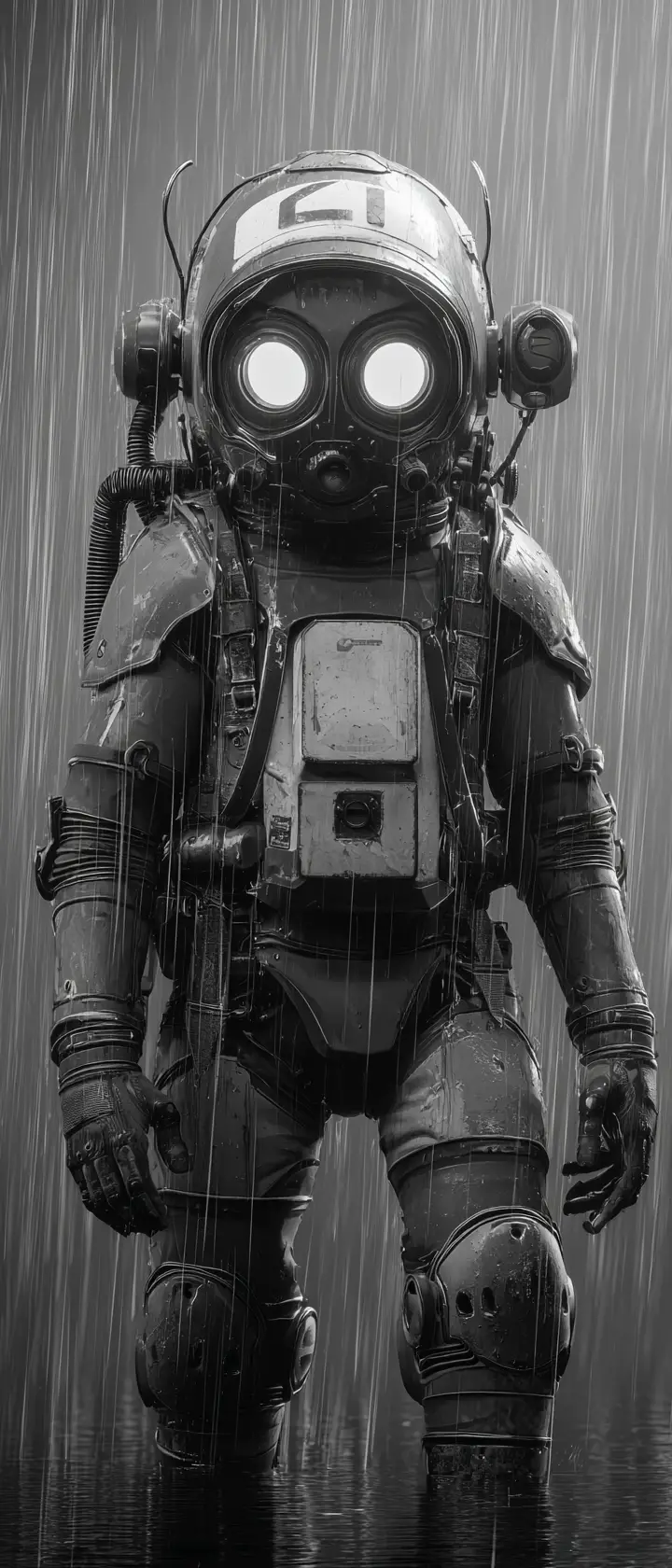 Lone anime survivor in cracked power armor under harsh light