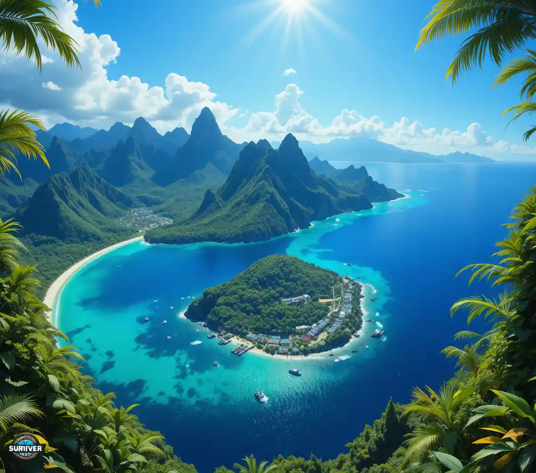 Aerial view of a lush tropical island surrounded by ocean